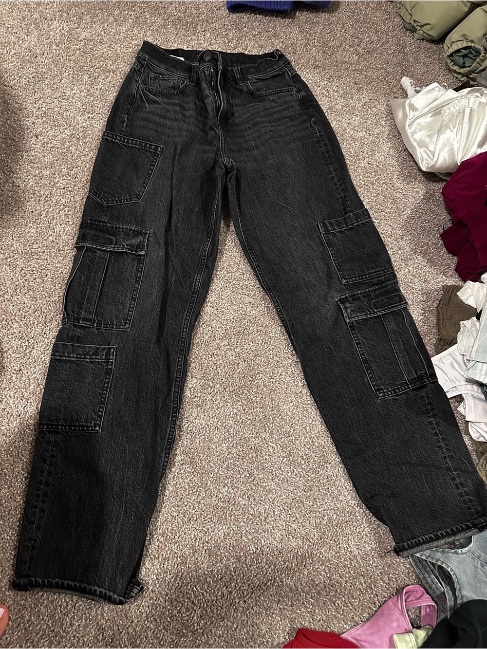 American Eagle Outfitters Black Super High-Rise Baggy Straight Cargo Jeans